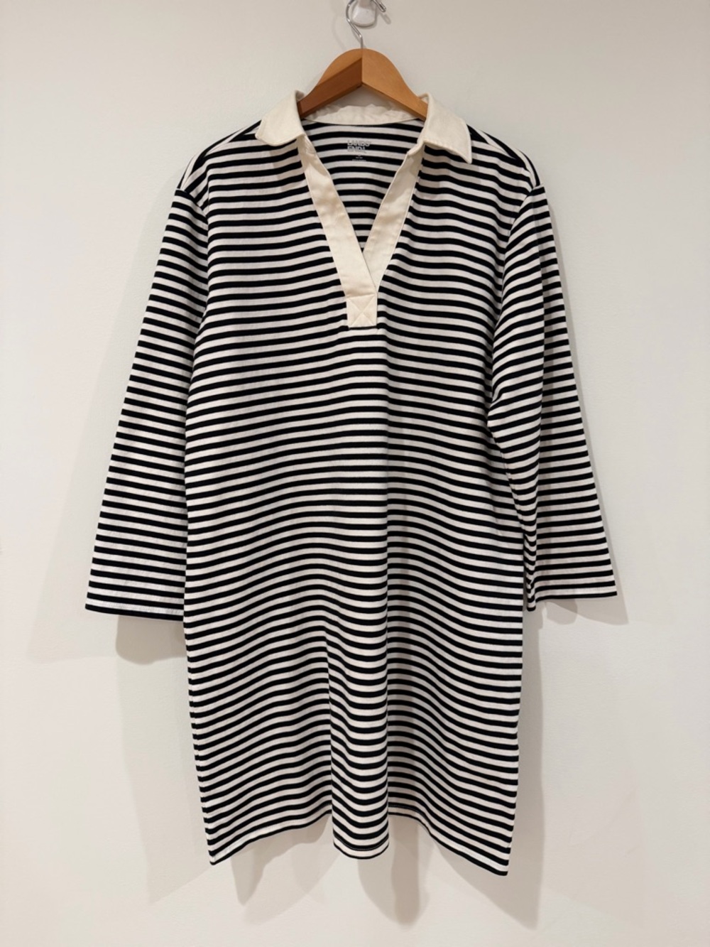 Lands' End Black and White Striped Dress with Cream Collar